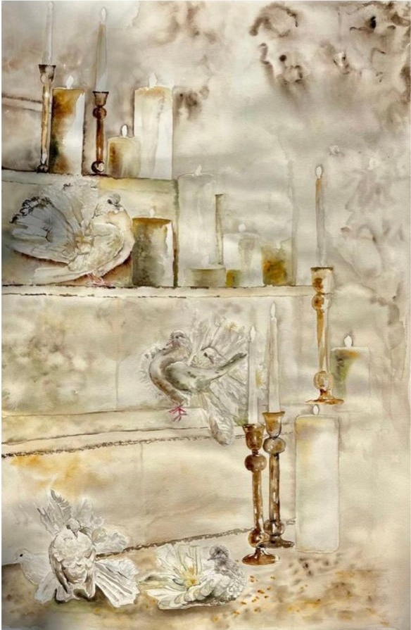The Pilgrim, watercolor on paper, Birdie, 2024