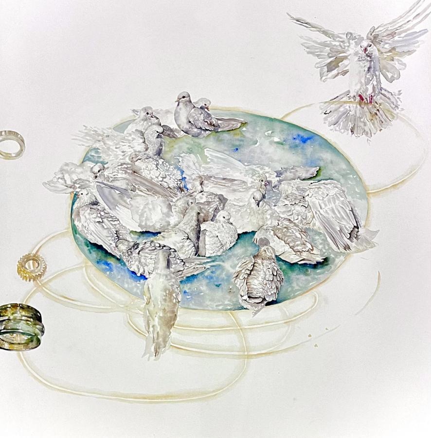 Where the Circle Opens, watercolor on paper, Birdie, 2023