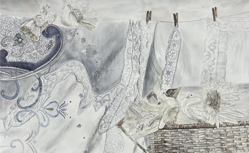 White Field, watercolor on paper, Birdie, 2023